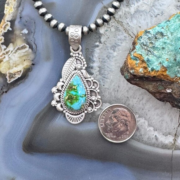 Sterling Southwestern Style Teardrop Sonora Gold Turquoise Decorated Pendant - Picture 8 of 10